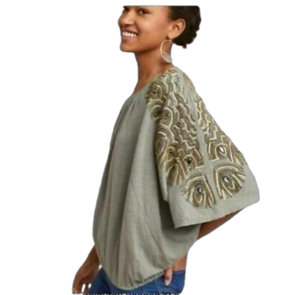 Vanessa Virginia Beaded Dolman 100% cotton Top M/L PETITE NWT